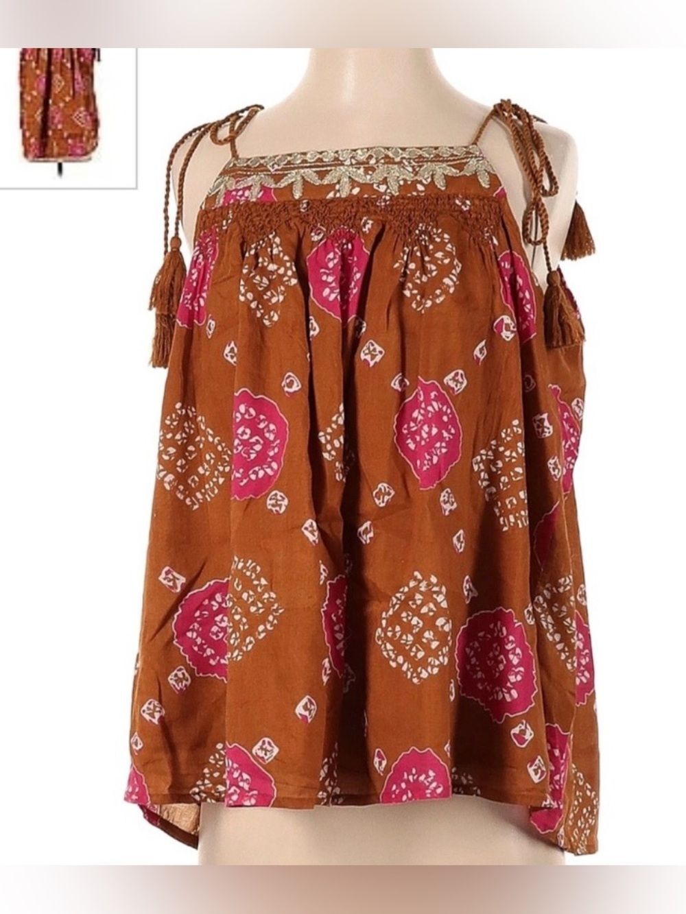 Nicole Miller Artelier Bohemian Brown Metallic Gold Floral Tie Shoulder Top